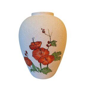 Signed Handcrafted White Textured Vase Red Poppy Floral‎ 10" Tall H.O.